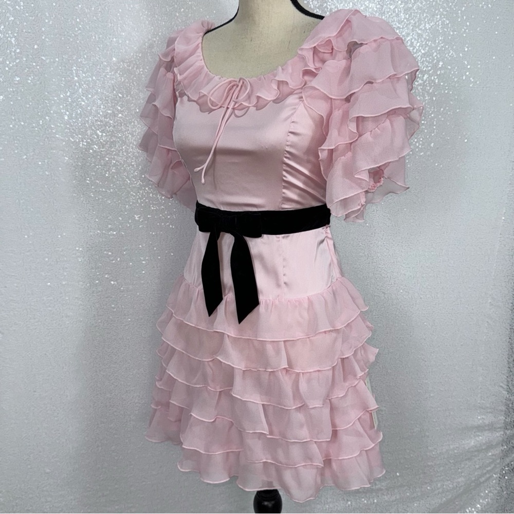 For Love & Lemons Danali Ruffle Pink Ruffle Mini Dress with Black bow - Picture 13 of 16